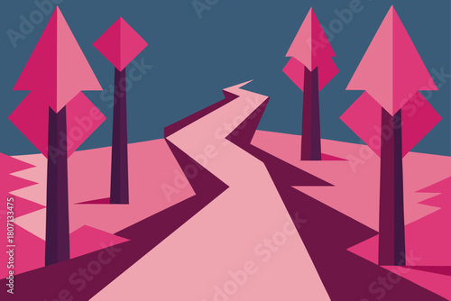 Cubist Forest Trail with Pink Trees and Geometric Shapes