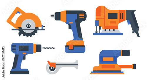Collection of various electric power tools for construction and DIY projects, including a drill, circular saw, and sander.