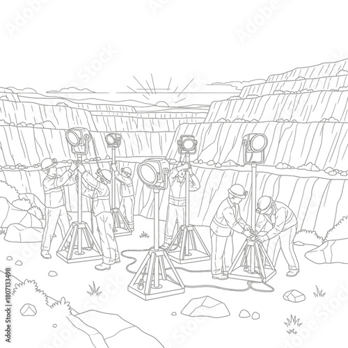 Workers setting up large spotlights in a quarry, preparing for filming or construction.