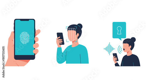 Biometric authentication and security technology illustrations, showing fingerprint scan, facial recognition, and voice recognition.