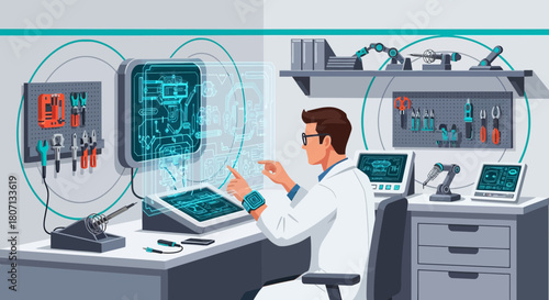 Futuristic engineer working with robotics interfaces and innovative design technologies in workshop