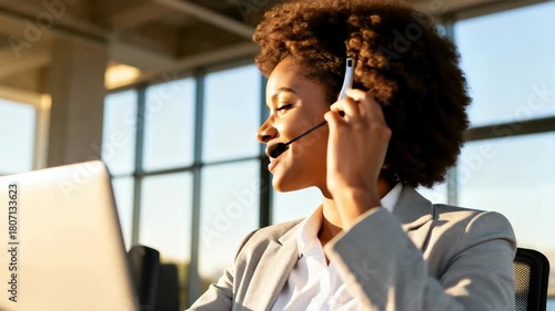 A smiling african american woman working as a customer service operator with a headset. A friendly call center agent talks with a client in a modern office. Business communication and support concept