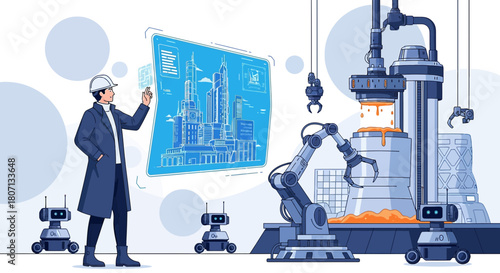 Futuristic construction site with engineer, augmented reality and robotic automation integration