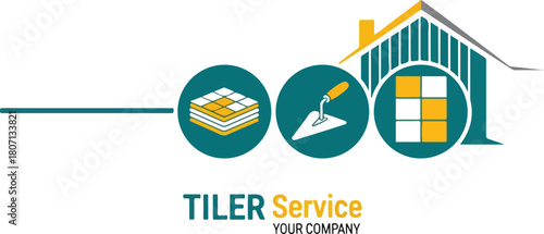 Professional Tiler Service Logo with Construction Icons and House Symbol.
