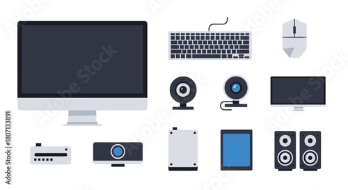 Flat design icon set of modern computer hardware and electronic gadgets for a workspace, including a monitor and peripherals.
