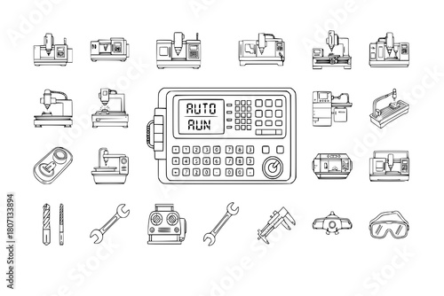 Cnc machine icons set outline vector. Mill controller. Industrial tool
