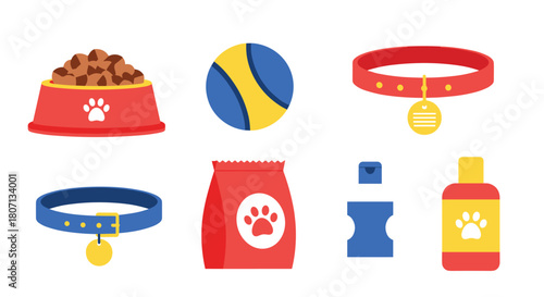Set of essential pet care items and accessories for dogs, including food, a collar with a tag, a ball, and grooming products.