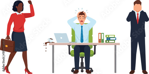 Office workers in a stressful situation feeling overwhelmed and frustrated at work.