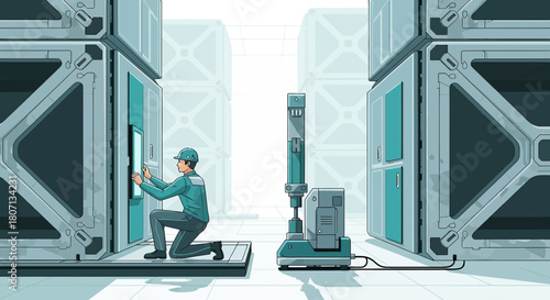 Futuristic factory worker maintaining machinery in a clean and sterile environment for efficient