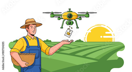Futuristic farming depiction with drone seeding and modern agriculture techniques illustration