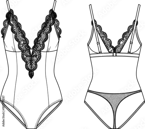 Flat vector illustration of lace bodysuit front and back view, lingerie fashion sketch, deep neckline, adjustable straps, garment template