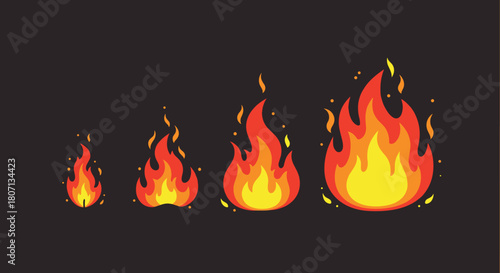 Pixel art animation sequence showing the stages of a fire growing from a small spark to a large, vibrant bonfire with sparks.