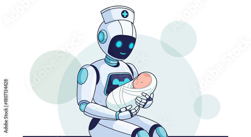 Futuristic healthcare: A robotic nurse lovingly cradles a newborn baby in a clinical setting