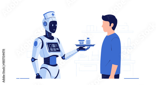 Futuristic healthcare assistance with humanoid robot nurse delivering medication to patient