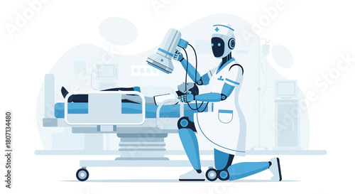 Futuristic healthcare: A robotic nurse tending to a patient with advanced monitoring in hospital