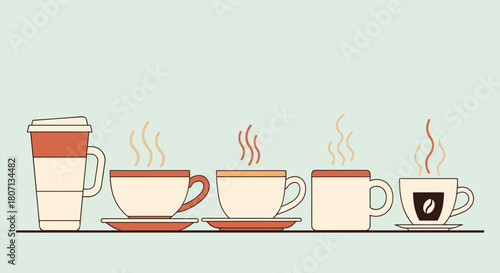 Set of various coffee cups and mugs in a line, including a travel mug and steaming ceramic cups, representing a coffee break or cafe.