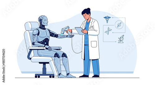 Futuristic healthcare: Doctor examining a robot patient with advanced technology for diagnosis
