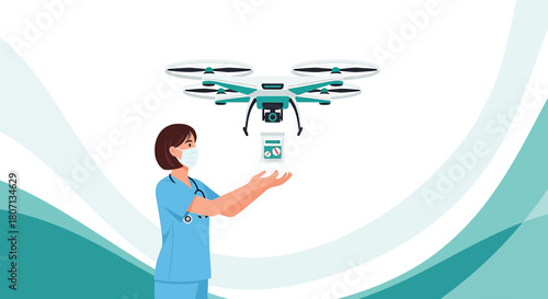 Futuristic healthcare innovation with drone delivering medication to masked nurse illustration