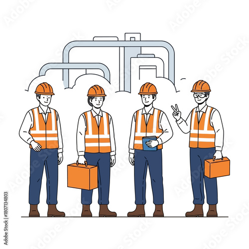 A team of four industrial workers in hard hats and safety vests standing in front of a pipeline system.