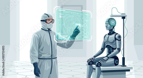 Futuristic interaction between scientist and android in a sterile research lab setting using