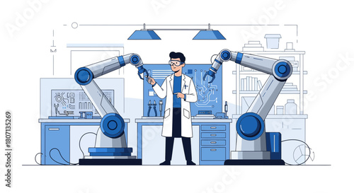 Futuristic laboratory research with robotic assistance in scientific discovery and automation
