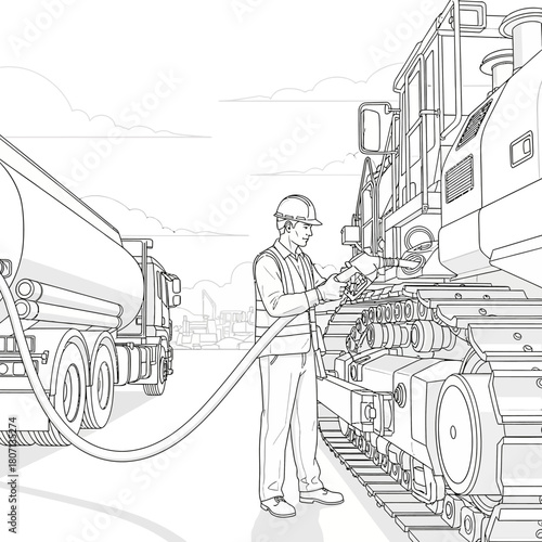 A worker in safety gear refueling a large construction vehicle from a tanker truck on a construction site.