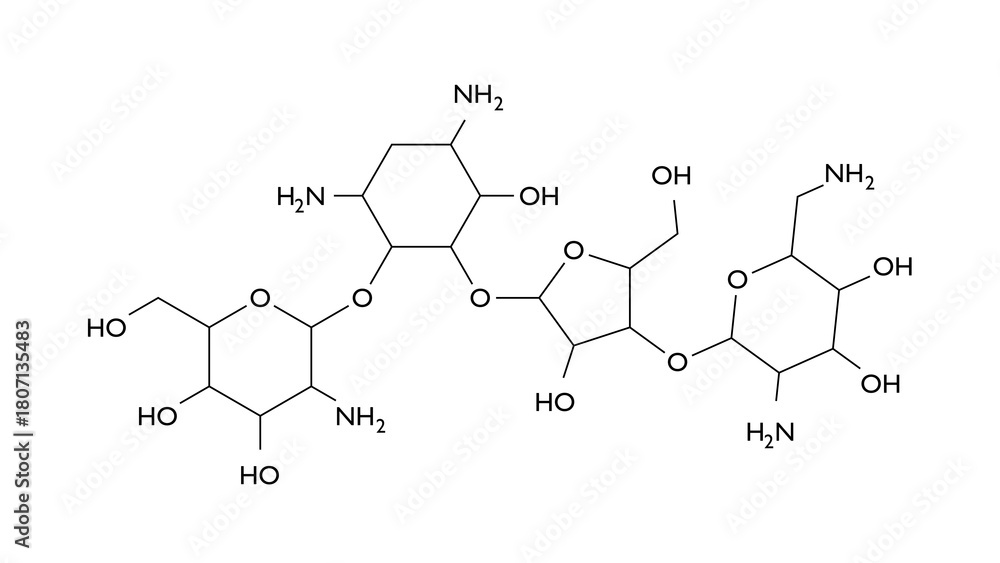 Fototapeta premium paromomycin molecule, structural chemical formula, ball-and-stick model, isolated image antibiotic