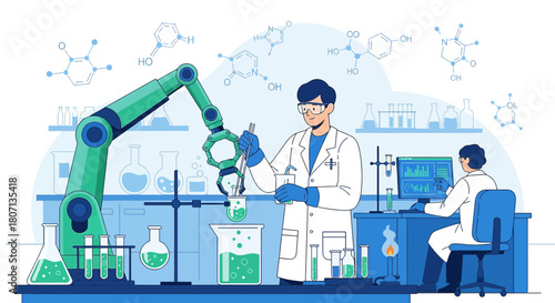 Futuristic laboratory scene showcasing robotics and chemical experiments for scientific advancements