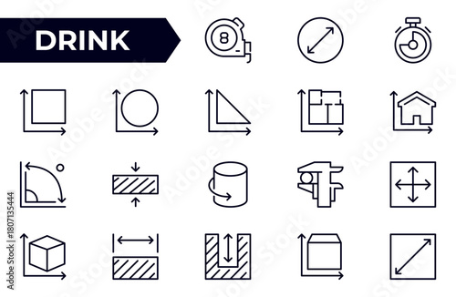 Measurements line icon set, size, parameter - series. Set of line icons in linear style. Outline icon collection