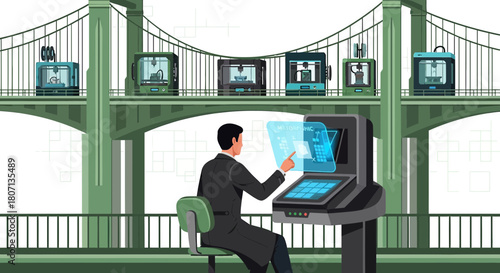 Futuristic manufacturing vista: A designer interacting with 3D printers on a bridge backdrop