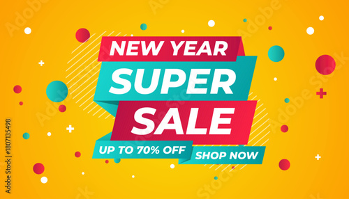 New Year Offer Sale Banner vector template. New Year Discount vector graphic element. Super shop label Promo design. Product opening festival background collection
