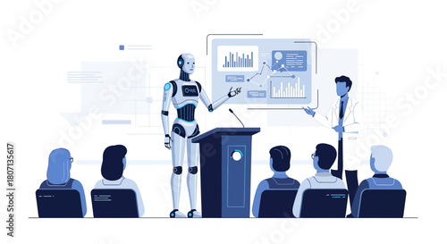 Futuristic robot presentation leading scientific data analysis with human interaction in