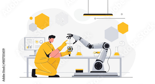 Futuristic robotic arm research in a lab setting with human supervision of advanced technology