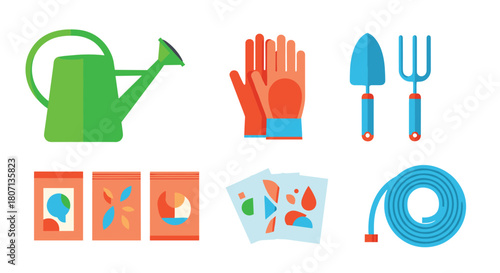 Colorful set of essential gardening tools and supplies, including a watering can, gloves, a trowel, seed packets, and a coiled hose.