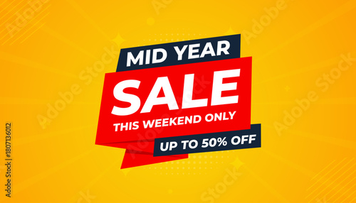 Mid Year Sale banner vector template. New Year Discount vector graphic element. Super shop label Promo design. Product opening festival background collection.