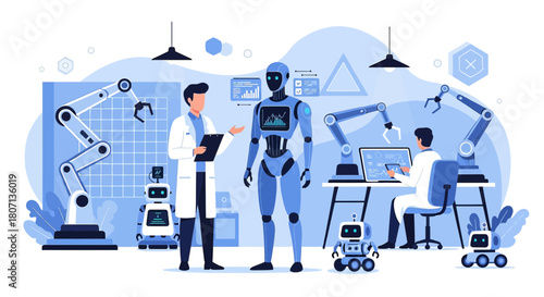 Futuristic robotics engineering lab showcasing human-robot collaboration and technological