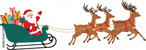 Santa Claus in his sleigh pulled by reindeer delivering gifts for Christmas.