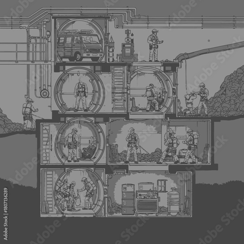 A detailed pixel art cross-section of a multi-level underground military bunker with soldiers and personnel.