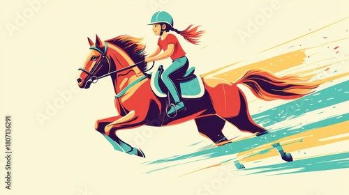 Young girl in helmet joyfully riding a galloping horse with flowing mane and tail, dynamic motion