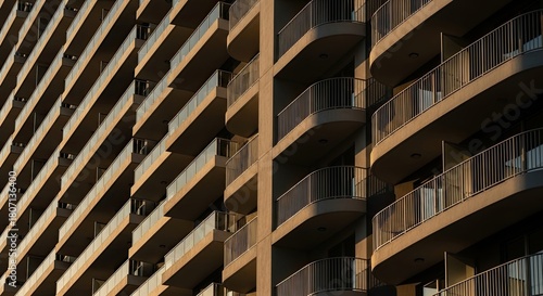 The geometric pattern of balconies on a contemporary apartment building facade, with strong shadows and highlights from the warm evening sun creating an abstract background