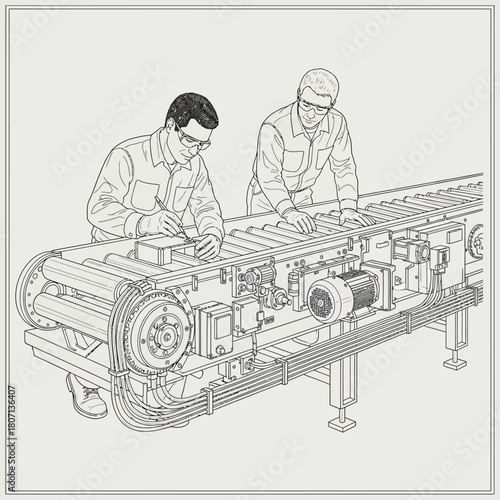 Line art illustration of a mining engineer operating remote equipment inside an underground tunnel.