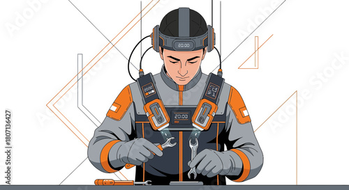 Futuristic technician meticulously repairing equipment with digital interface assistance for