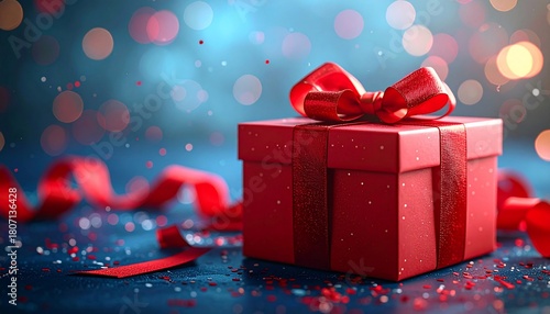 Festive red gift box with ribbon and bokeh lights creating a cheerful holiday scene