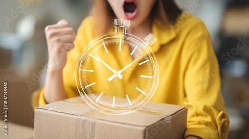 double exposure. A wide shot of a Gen Z person celebrating a purchase (unboxing, receipt in hand) overlaid with a graphic of a stopwatch quickly counting down to zero (representing depleted 