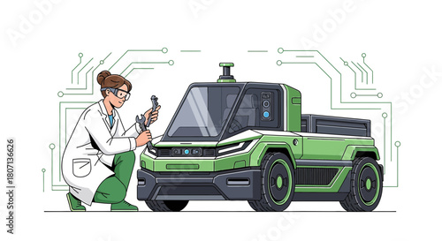 Futuristic vehicle maintenance by a skilled engineer in a laboratory setting with advanced