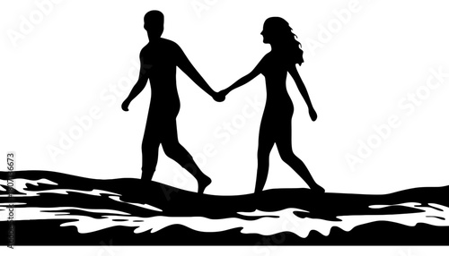 Couple walking on beach silhouette romantic vacation concept