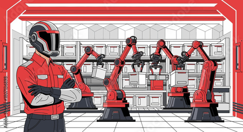 Futuristic warehouse automation scenario featuring a helmeted manager overseeing robot arms
