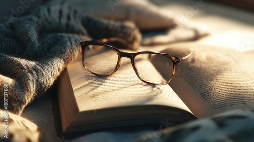An open book with eyeglasses sitting on a bed, illuminated by soft sunlight. A cozy scene for reading