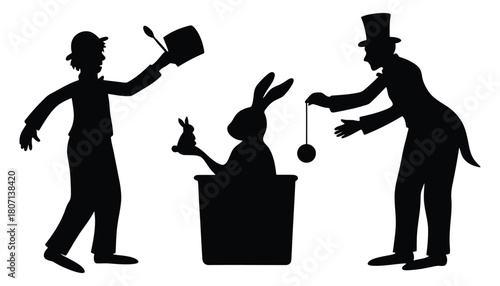 Magic show silhouette with magician and rabbit in the hat trick
