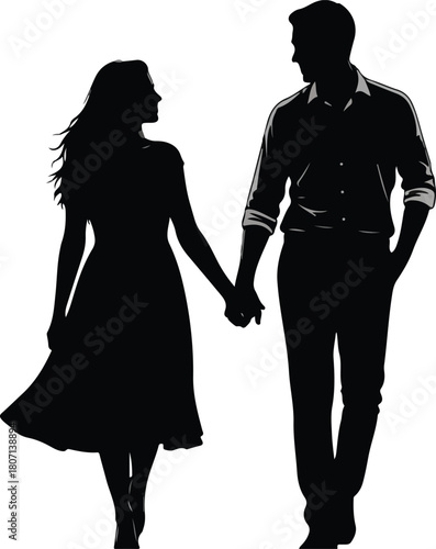 Silhouette of a loving couple holding hands walking together.